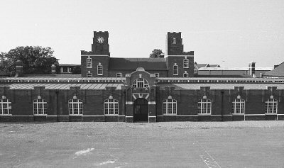 Drill Hall viewed from Upper Pembroke, looking N towards middle section, with Block B behind