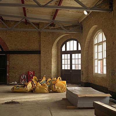 inside the Drill Hall, looking W
